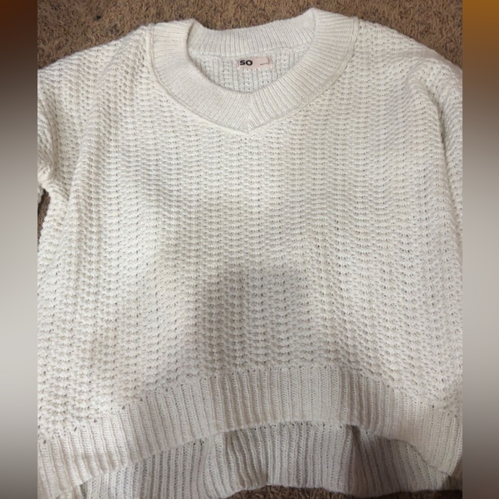 SO White V-Neck Sweater with Textured Knit